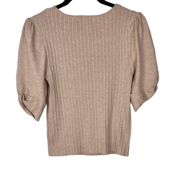 LUSH Puff Sleeve Ribbed Knit Square Neck T-Shirt Oatmeal S Neutral - Picture 5 of 5